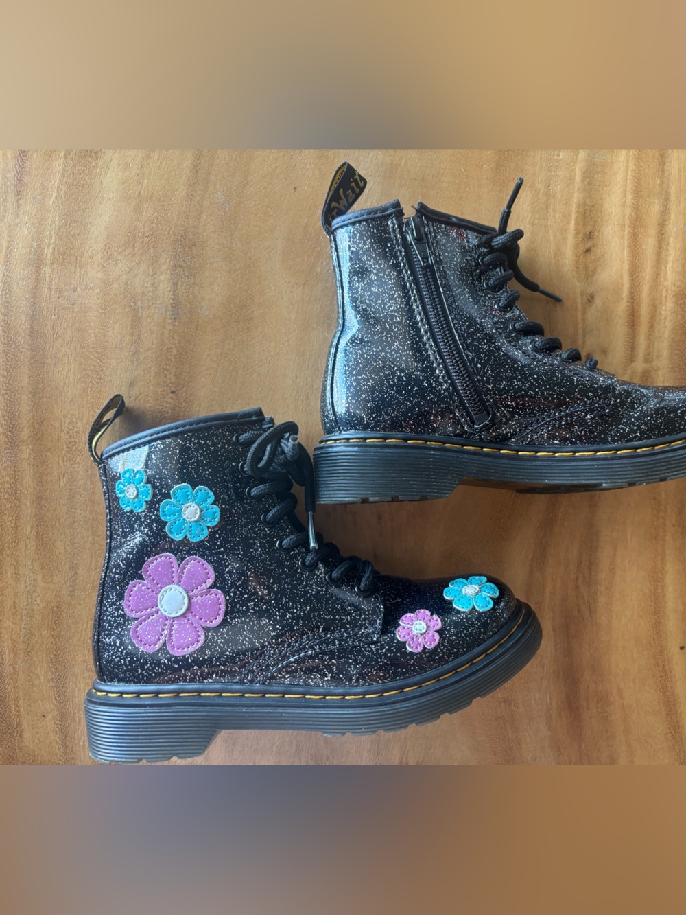Dr. Martens (13US)Girls' Black Glitter Lace-Up Boots with Pink & Blue Flowers